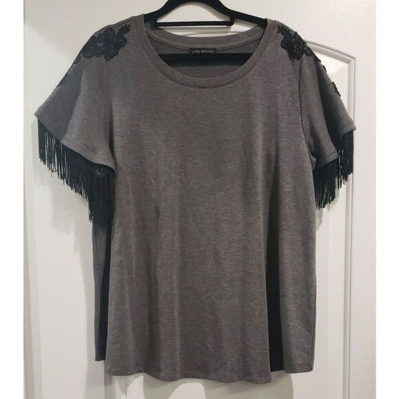 Lane Bryant Sz14/16 Gray Top Shirt Stretch Fringe Sleeves Lace Applique Shoulder - Picture 1 of 5
